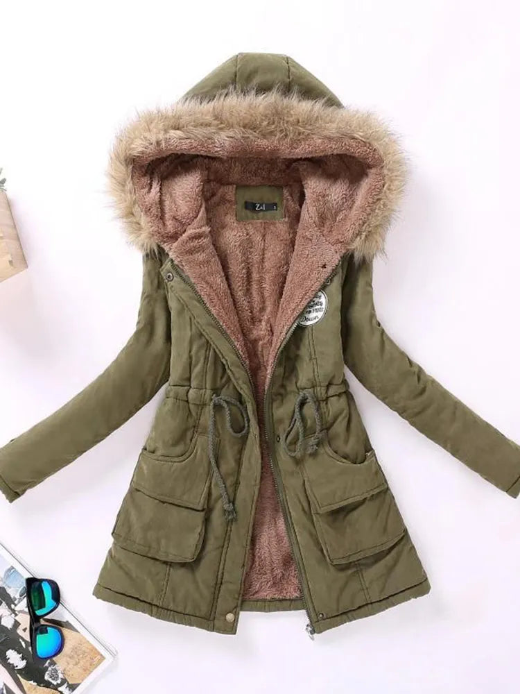 Saskia - long sleeve hooded mid-length coat