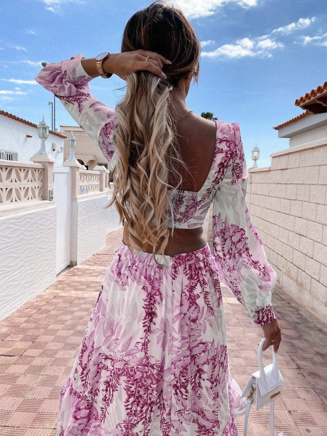 Women’s Maxi Dress – V-Neck – Waist Cut-Out – Long Puff Sleeve – Breathable Blend