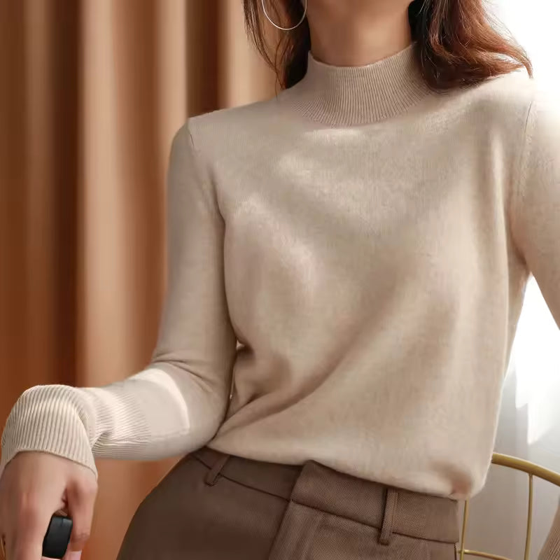 Women’s Pullover Sweater – Slim Fit – Fine Knit – Mock Turtleneck – Ribbed Cuffs