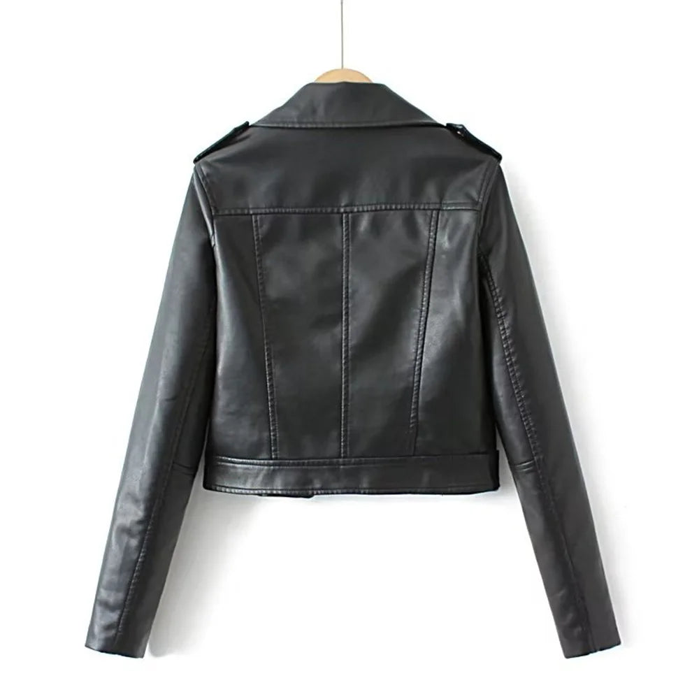 Women's zip-up belted PU leather moto jacket