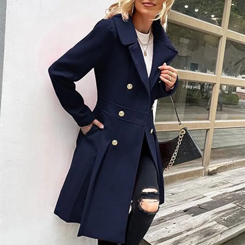 Women's woolen trench coat with skirt hemline double breasted
