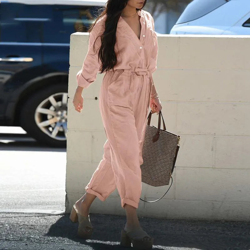 Women's Utility Jumpsuit - Cotton Blend - Long Sleeve - Belted Waist - Full Length