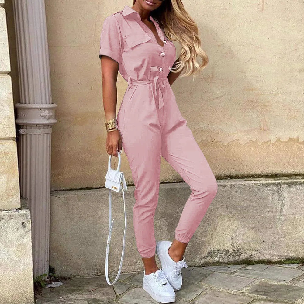 Women's monochromatic summer workwear jumpsuit with belt