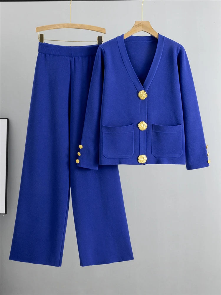 Women's knit v-neck cardigan high waist wide leg pants set