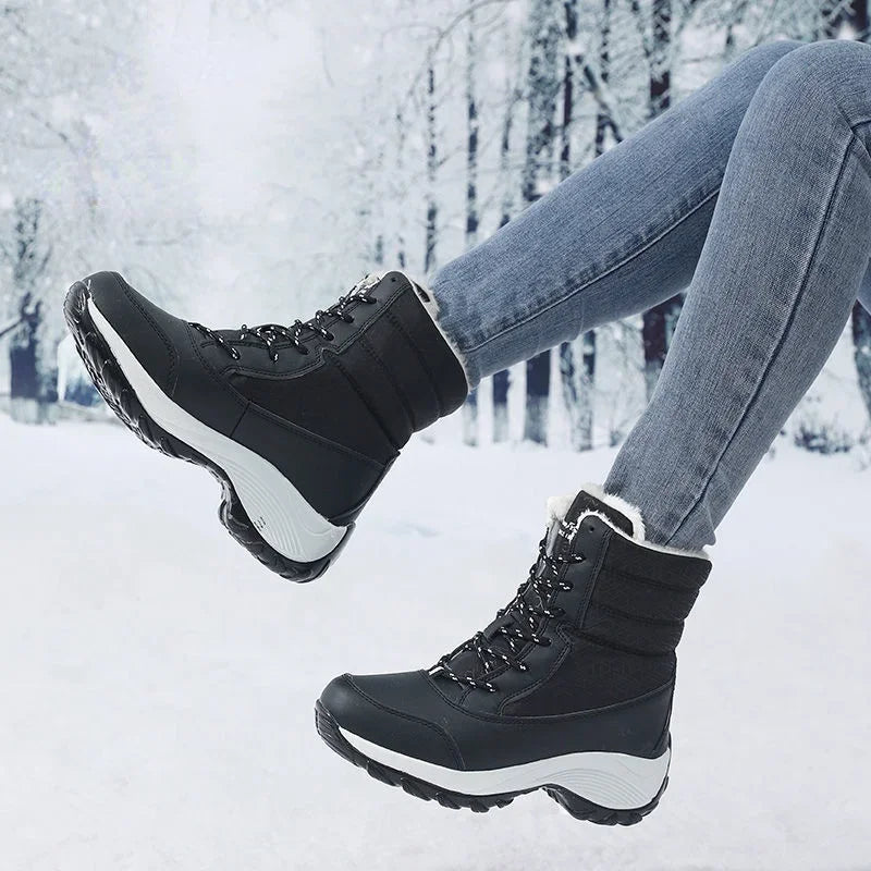 Women’s Snow Boots – Mid Calf – Faux Fur Lined – Lace Up – Platform Sole – Water Resistant