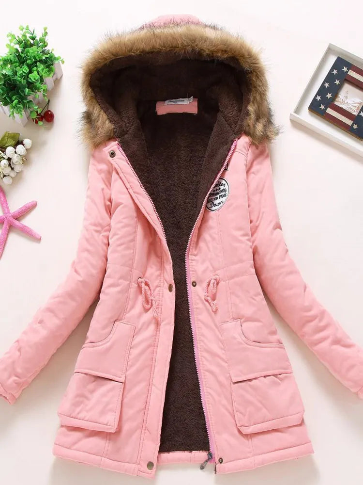 Saskia - long sleeve hooded mid-length coat