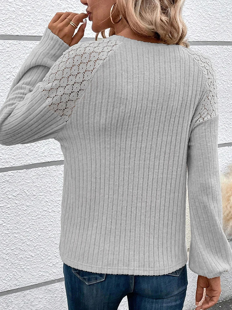 Women's Knit Sweater - Ribbed Texture - Lace Shoulder Detail - Button Embellishments