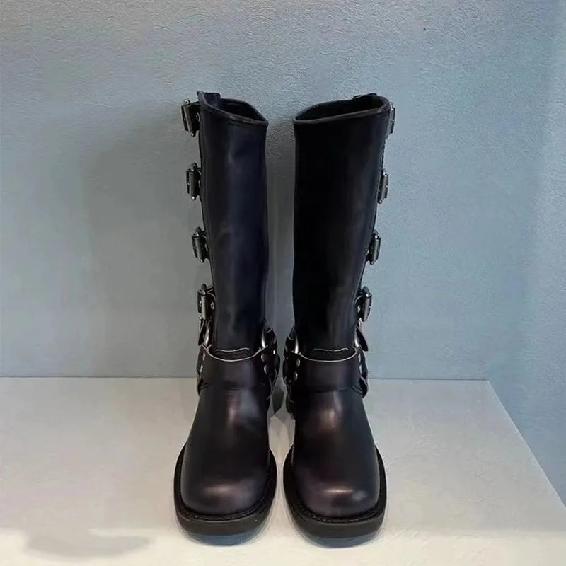 Women’s Knee-High Leather Boots – Adjustable Buckle Straps – Rounded Toe – Stacked Heel