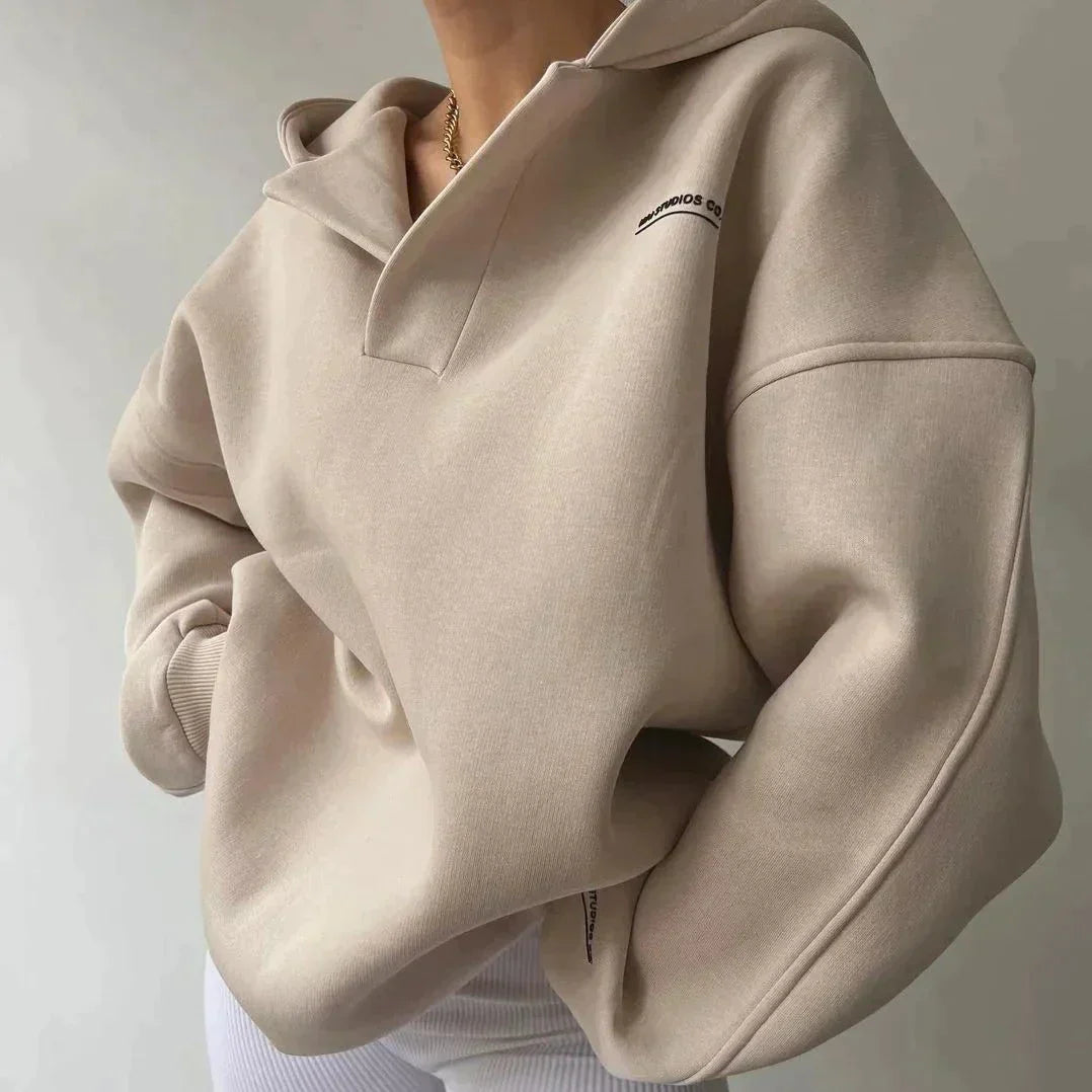 Women's loose hooded v-neck drop shoulder sweater
