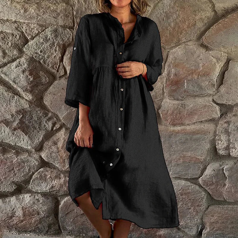Women's Shirt Dress - Button Down - Loose Fit - Three-Quarter Sleeve - Midi Length