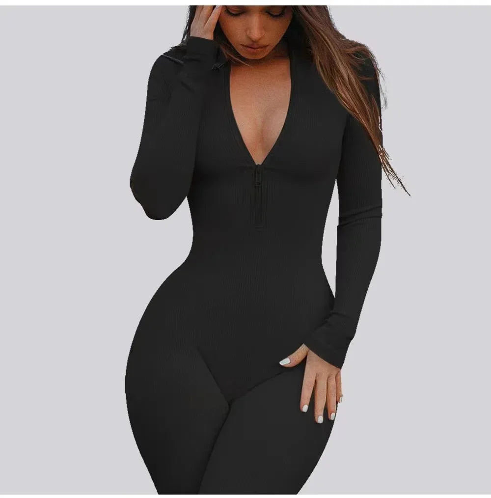 Women's Jumpsuit - Form-Fitting Stretch Fabric - Long Sleeve Zip Front - Casual Wear
