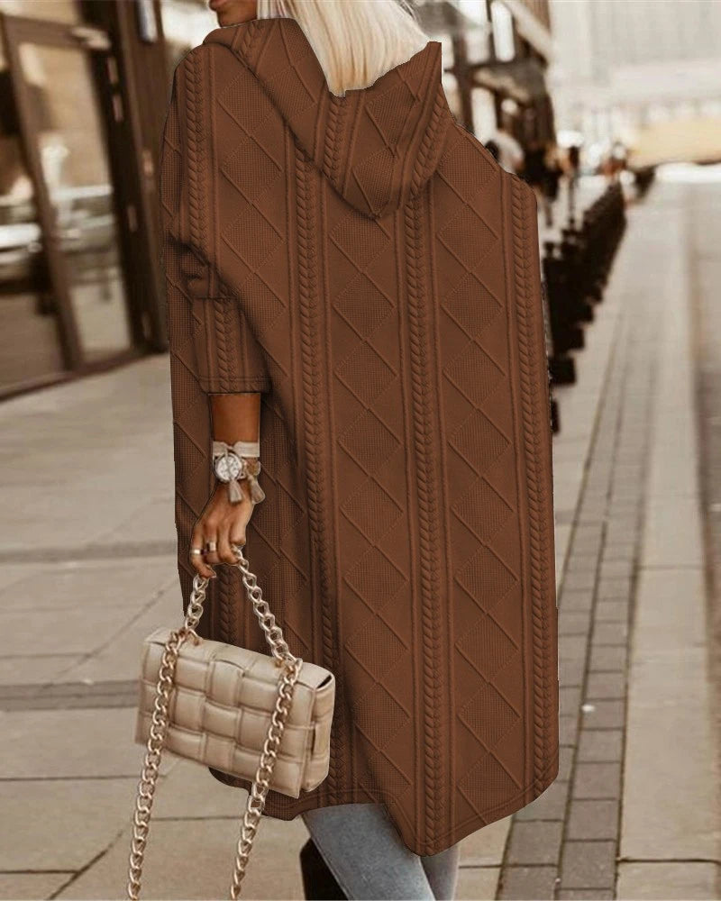 Women's cable knit hooded longline coat winter cardigan