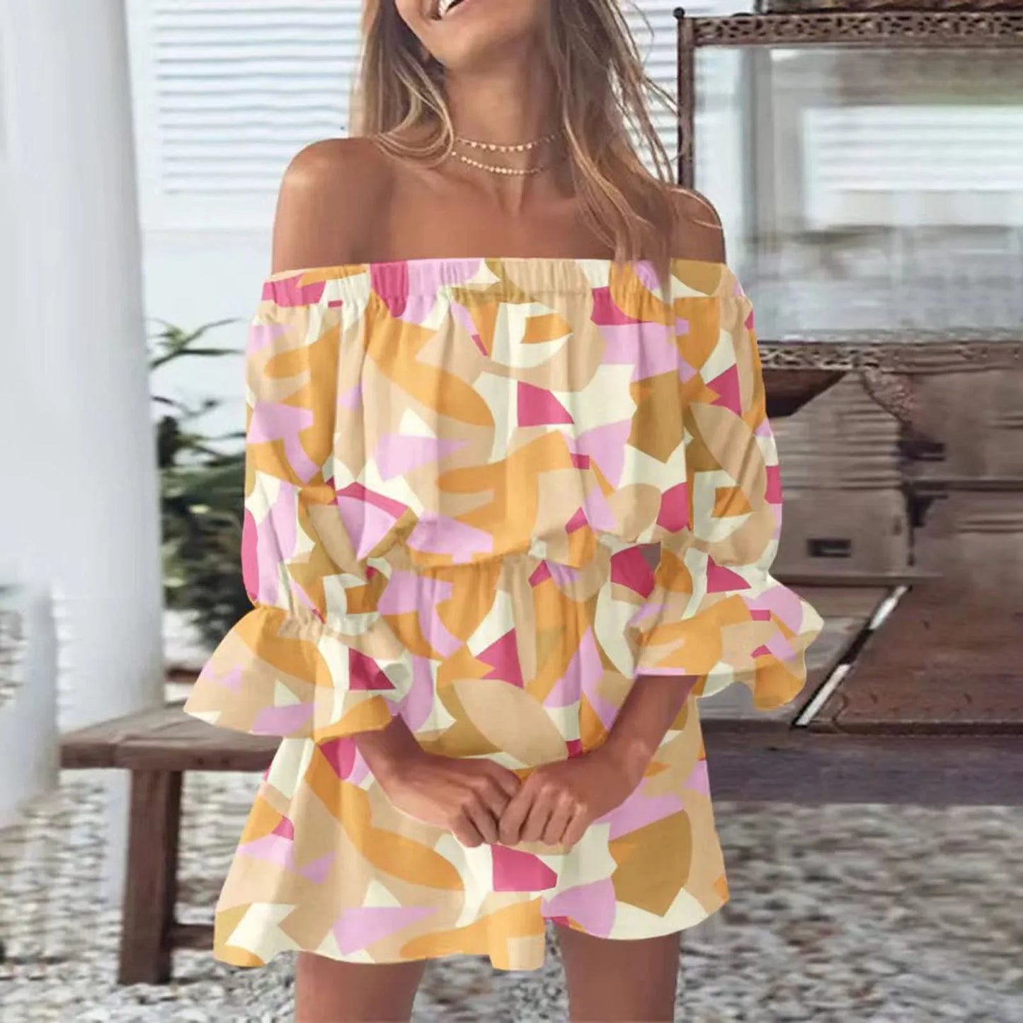 Women's Off-Shoulder Dress - Floral Print - Long Sleeve - Elastic Waist - Flowy Fit