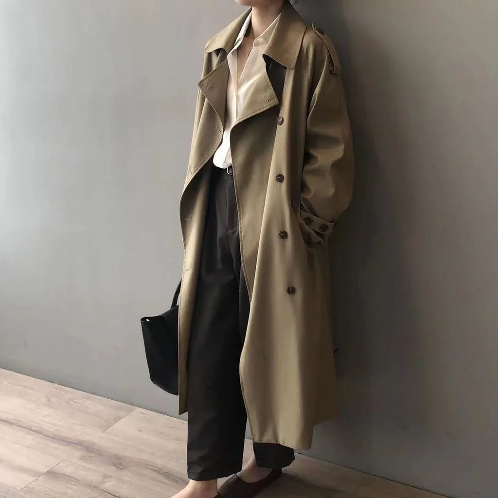 Women’s Trench Coat – Oversized Fit – Double-Breasted – Notched Lapels – Full Length