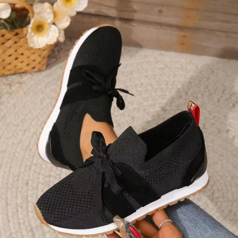 Women's Casual Sneakers - Breathable Knit Upper - Lace-Up - Rubber Sole Comfortable Fit