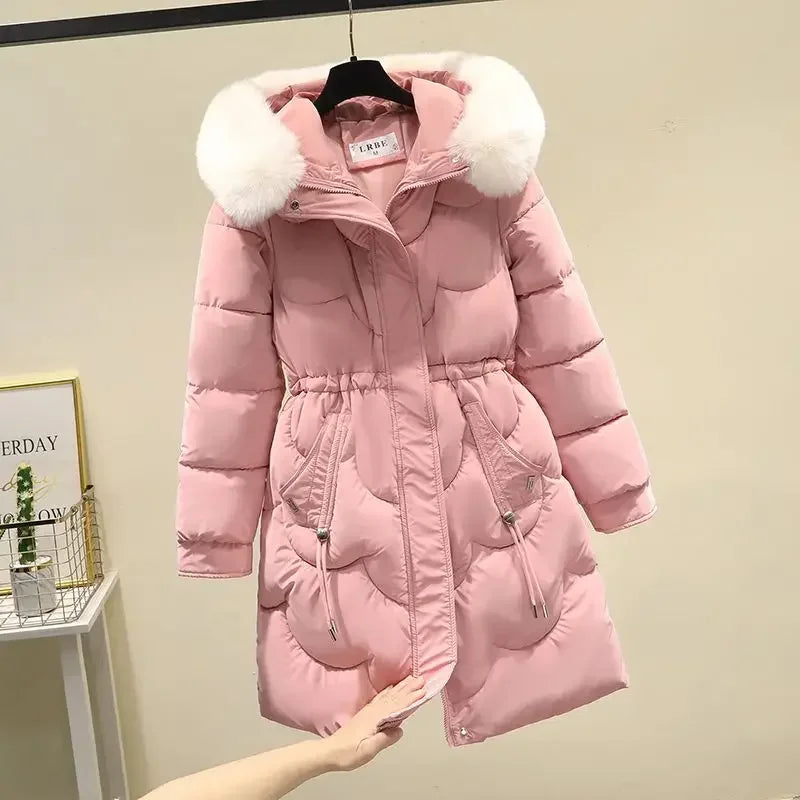 Women's winter midi-length hooded padded jacket with drawstring waist