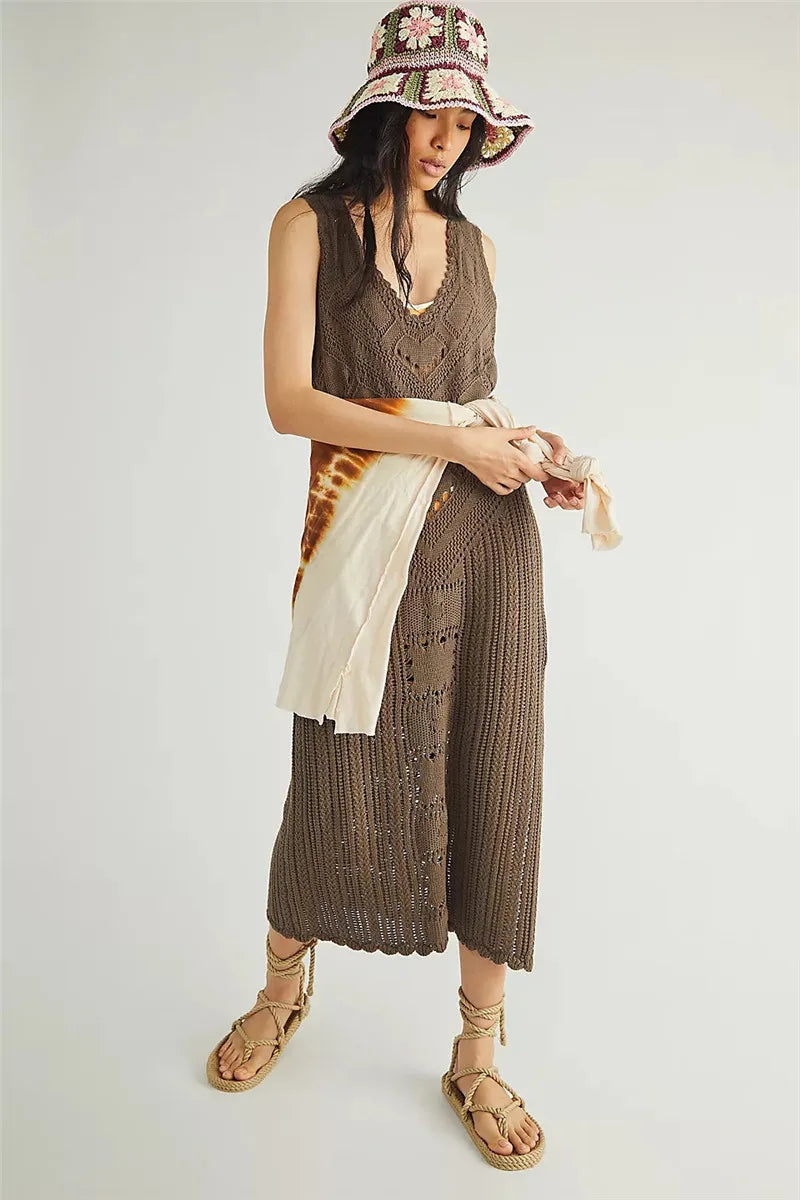 Women’s Mesh Dress – Relaxed Fit – Midi Length – V-Neck – Geometric Knit – Side Slit