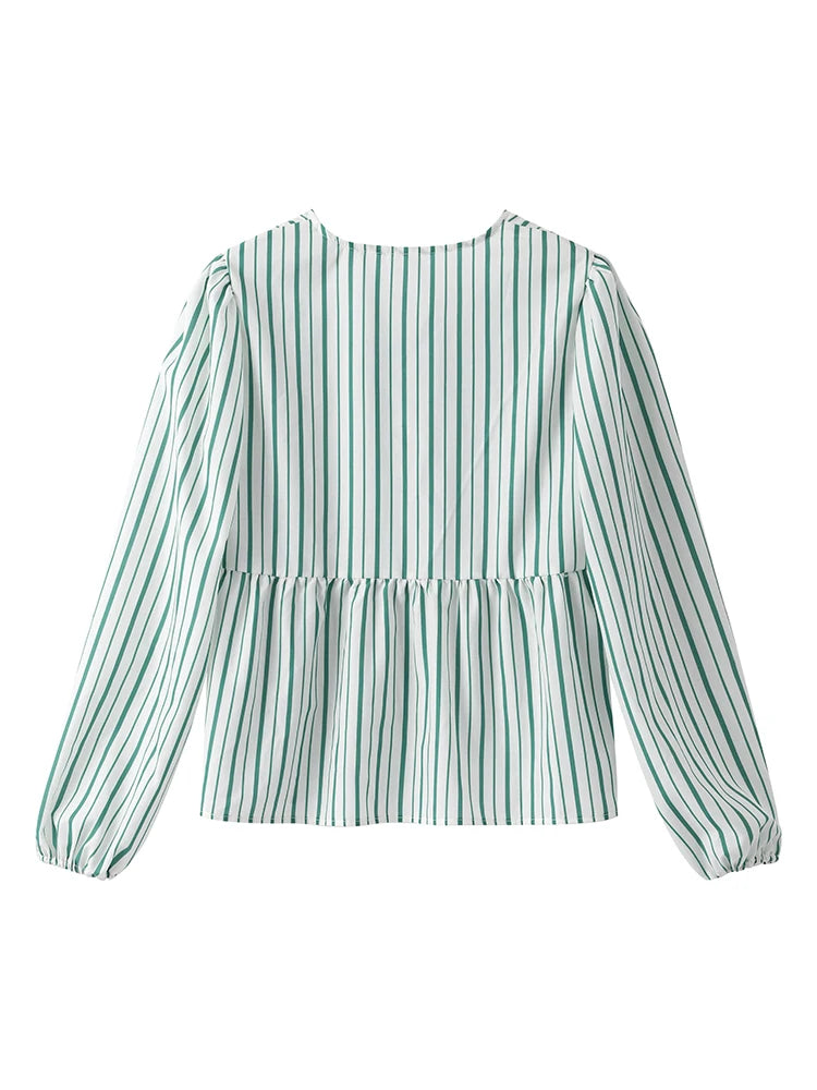 Women's Blouse - Puff Sleeve - Loose Fit - Striped Lightweight Tie-Neck