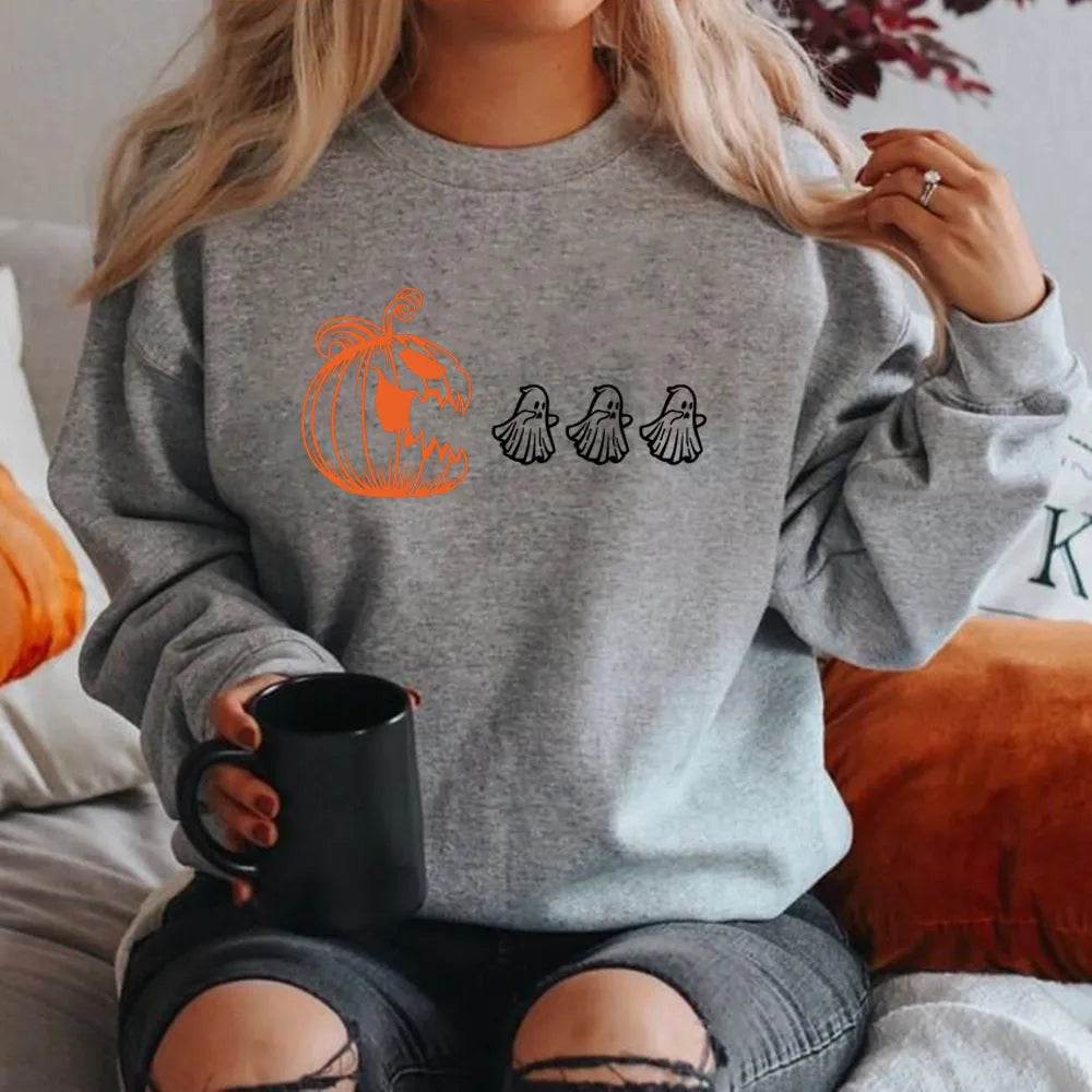 Women's loose fit hooded sweatshirt with pumpkin print