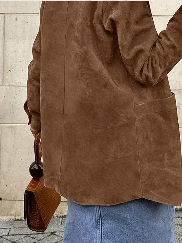 Women’s Oversized Shirt - Button-Up Relaxed Fit - Long Sleeve Suede Leather