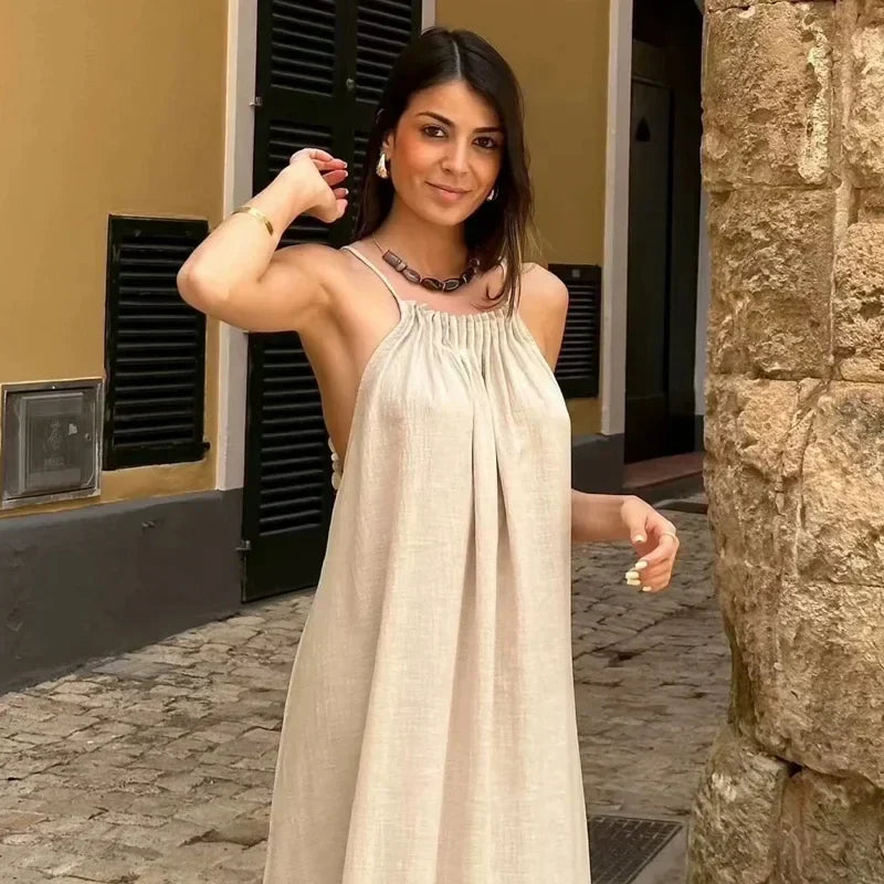 Women's Halter Neck Maxi Dress - Flowy Loose Fit - Gathered Ruched Neckline