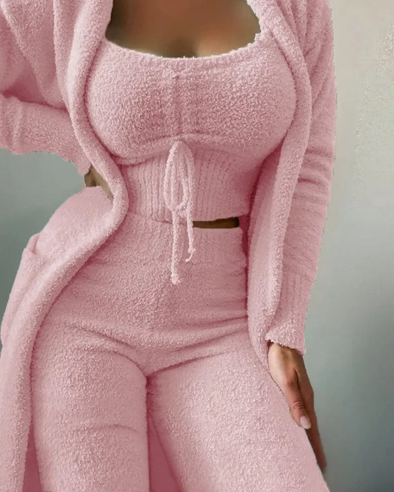 Women's plush crop top long pants and coat 3-piece pajama set