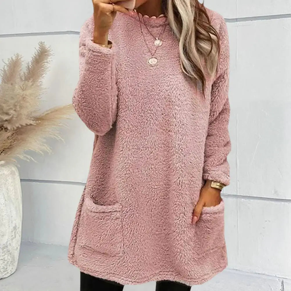 Women's cozy half-high collar plush sweatshirt with pockets