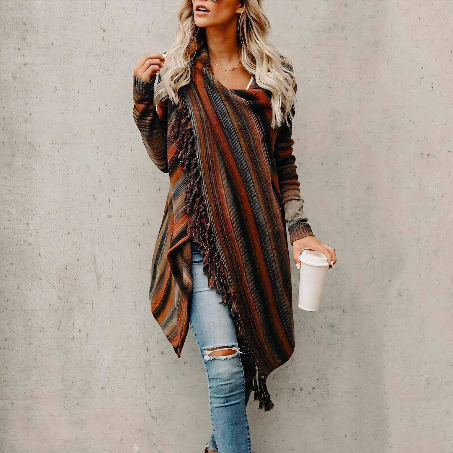 Women's scarf collar cardigan knit with tassels