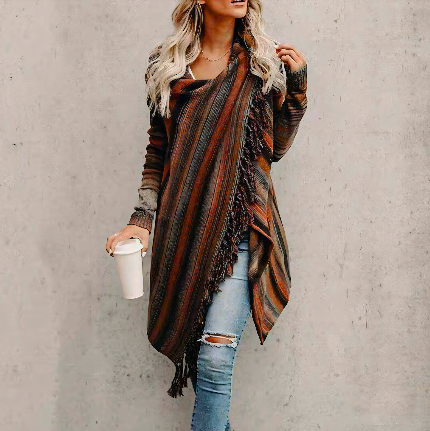 Women's scarf collar cardigan knit with tassels
