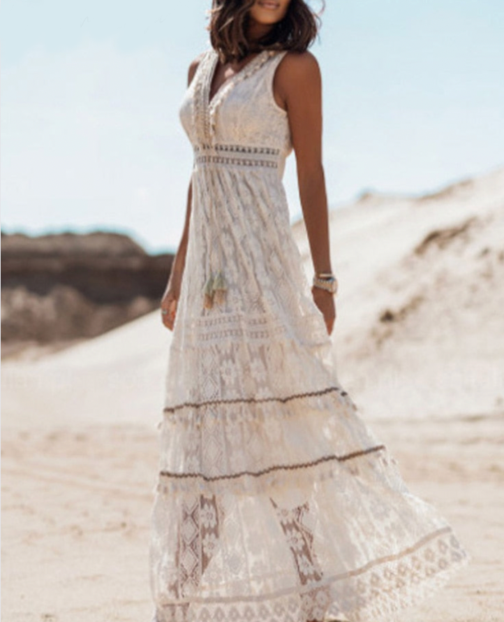 Women's Maxi Boho Dress - V-Neck Lace Embroidered - Sleeveless A-Line - High Slit Flowing Fit