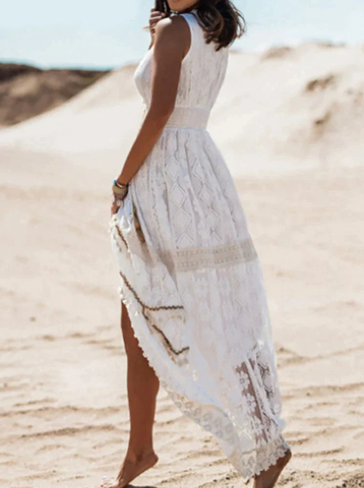 Women's Maxi Boho Dress - V-Neck Lace Embroidered - Sleeveless A-Line - High Slit Flowing Fit