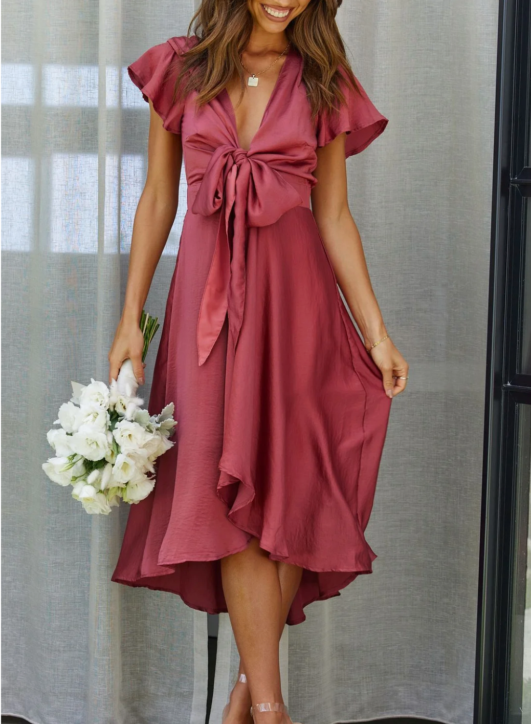 Deep V-Neck Bow Front Midi Dress