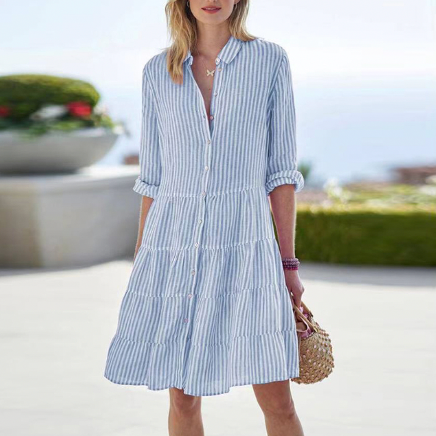 Relaxed Fit Striped Button Down Shirt Dress