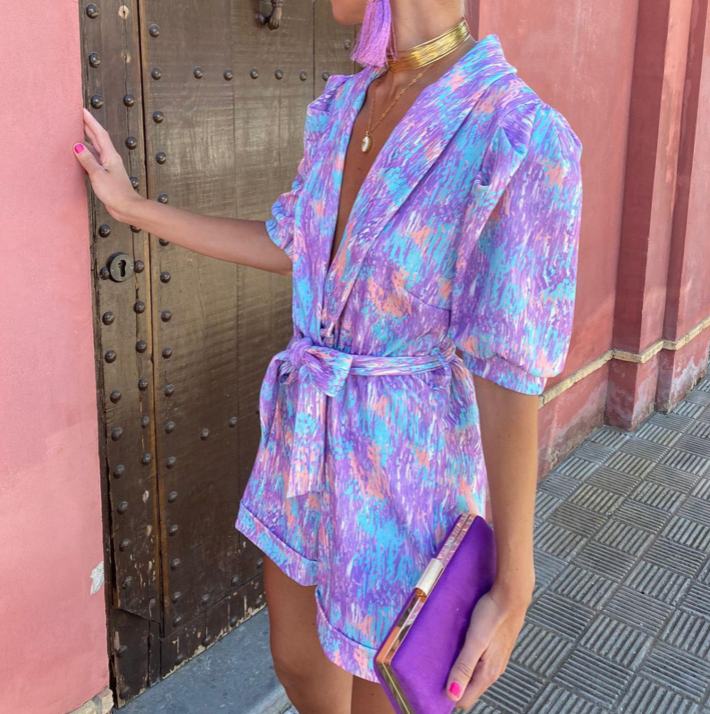 Women's Romper - Short Puff Sleeve - Deep V-Neck - Tie Waist - Casual Chic