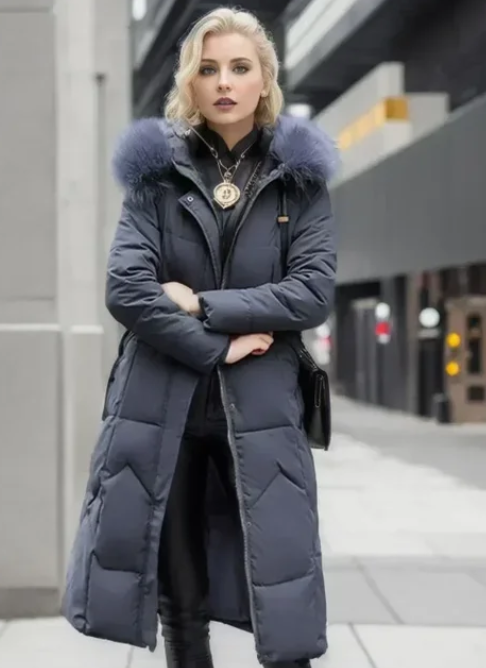 Women's over-the-knee thickened coat with large fur collar