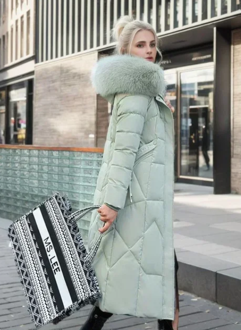 Women's over-the-knee thickened coat with large fur collar