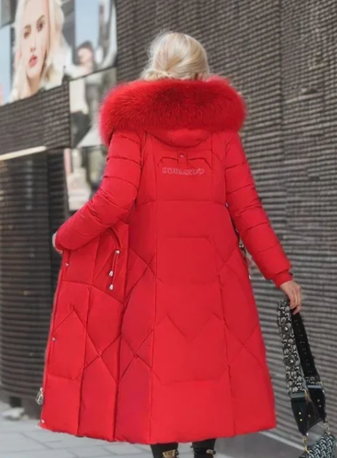 Women's over-the-knee thickened coat with large fur collar