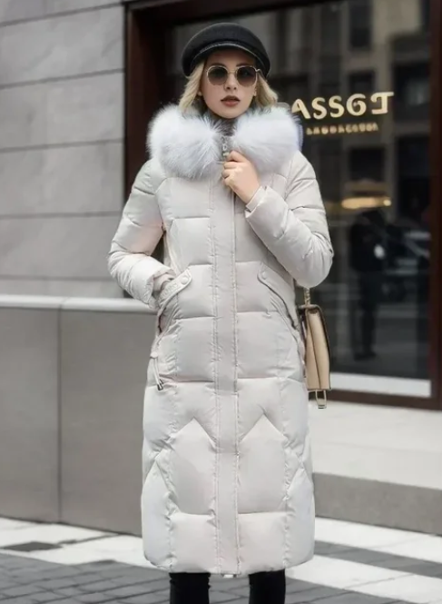 Women's over-the-knee thickened coat with large fur collar