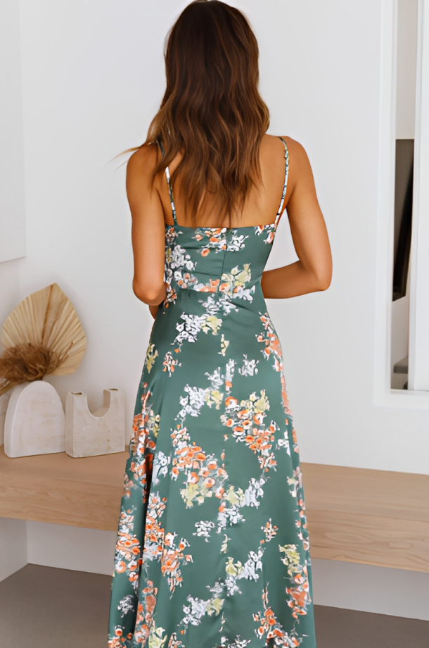 Women's Floral Dress - Satin Finish - Spaghetti Straps - Tie Front - High Slit Maxi