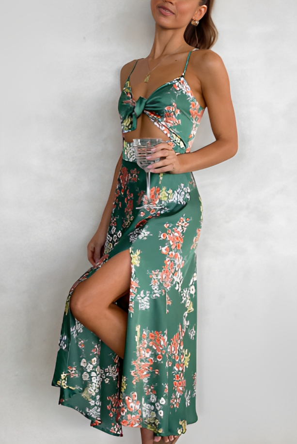 Women's Floral Dress - Satin Finish - Spaghetti Straps - Tie Front - High Slit Maxi