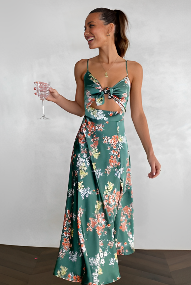 Women's Floral Dress - Satin Finish - Spaghetti Straps - Tie Front - High Slit Maxi