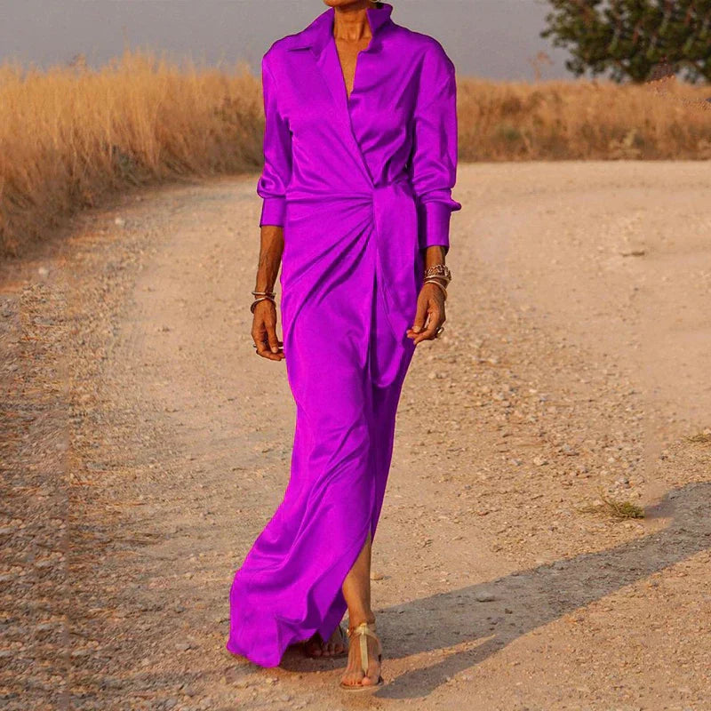 Women's Maxi Dress - Satin Silk Feel - V-Neck Collar - Long Sleeve Elegant Fit