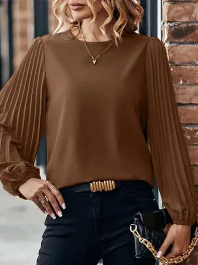 Women's pleated lantern sleeve round neck casual vacation top