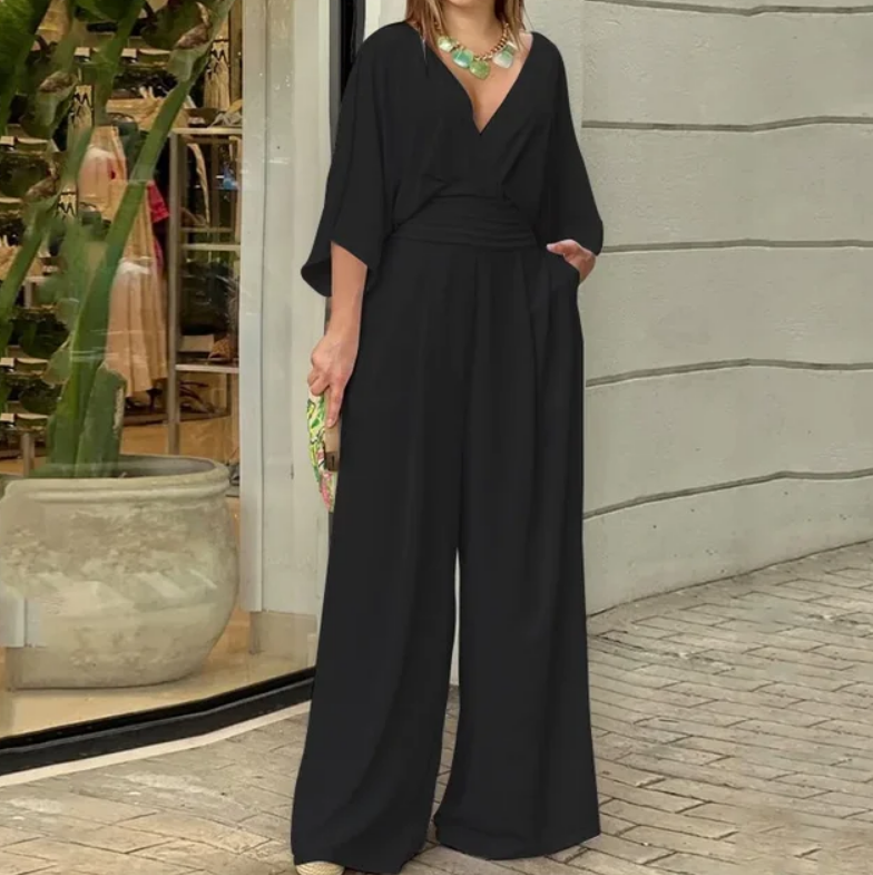 Women's Jumpsuit - Wrap V-Neck - Wide Sleeves - Cinched Waist - Flowy Wide-Leg Pants