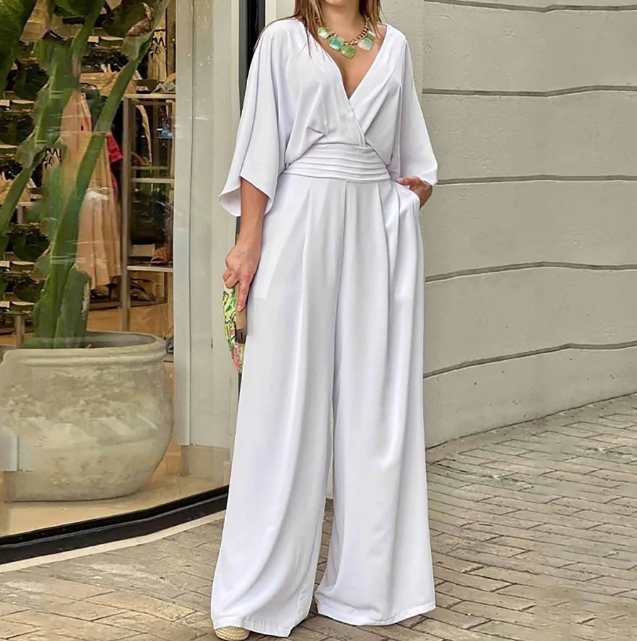 Women's Jumpsuit - Wrap V-Neck - Wide Sleeves - Cinched Waist - Flowy Wide-Leg Pants