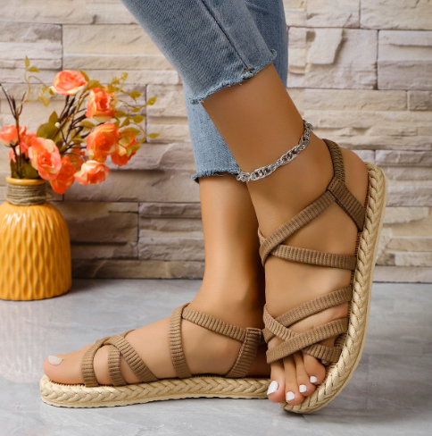 Women's Espadrille Sandals - Flat Platform - Criss-Cross Straps - Slingback Design