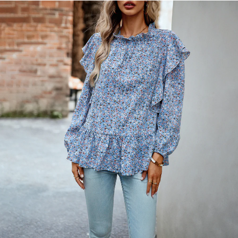 Women's Floral Blouse - High Neck Ruffle Detail - Long Sleeve Relaxed Fit