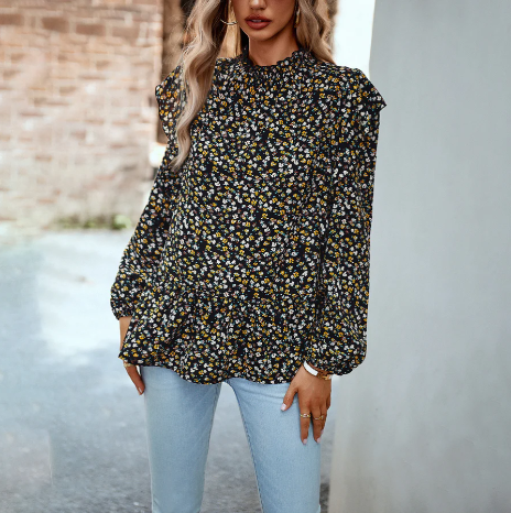 Women's Floral Blouse - High Neck Ruffle Detail - Long Sleeve Relaxed Fit