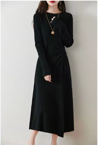 Women's waist slimming pleated long sleeve dress