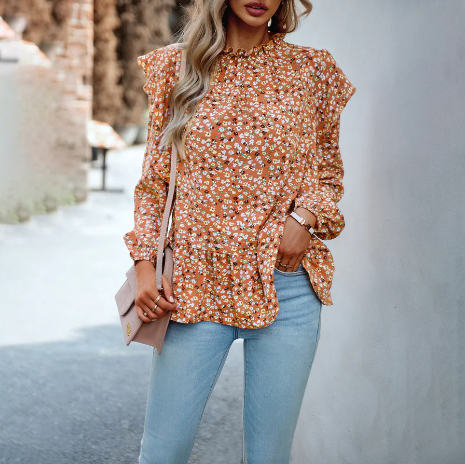 Women's Floral Blouse - High Neck Ruffle Detail - Long Sleeve Relaxed Fit